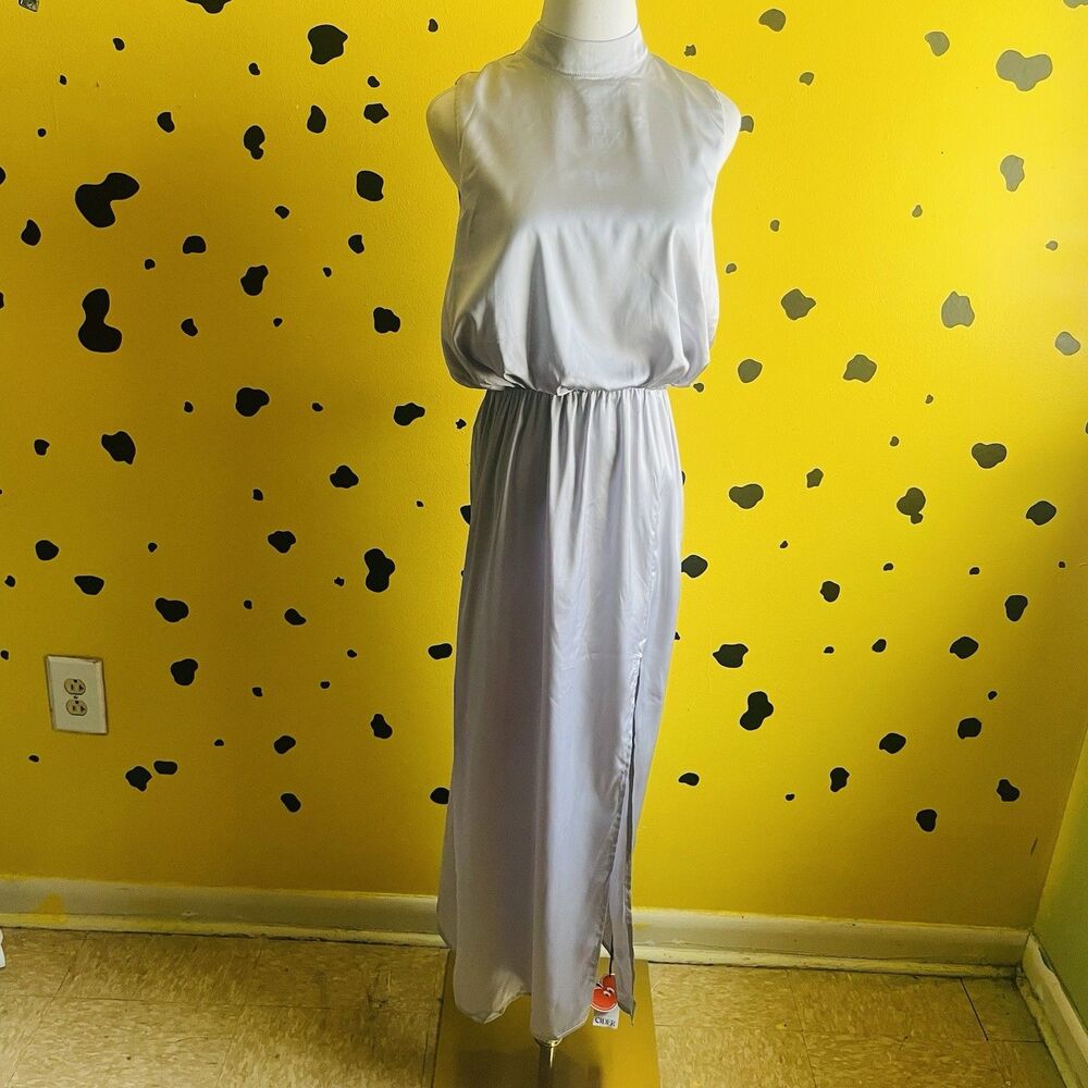 CIDER Satin Maxi Dress Silver Size S Mock Neck Tie Back Side Slit NWT Party